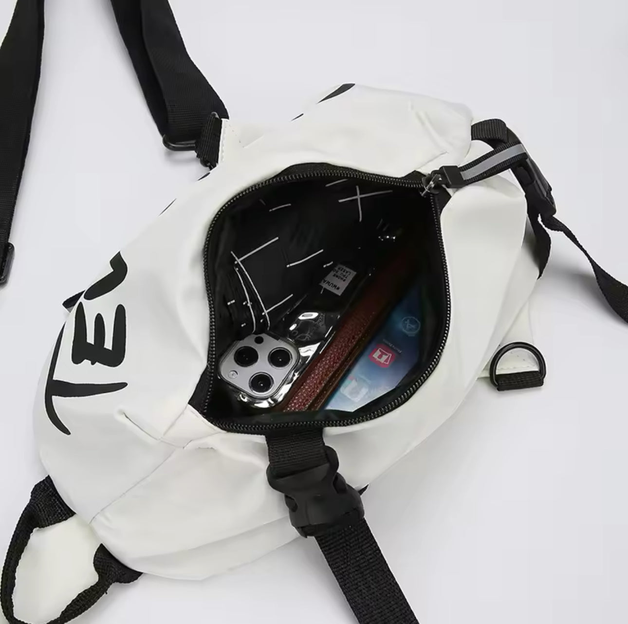 Waterproof chest bag with adjustable strap – available in white and black